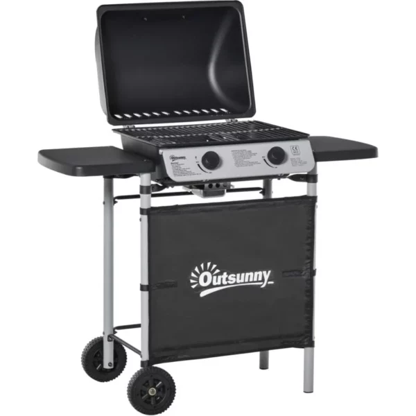 Barbecue a Gas, 2 Bruciatori da 2,8kW, con Ripiani Laterali e Ruote