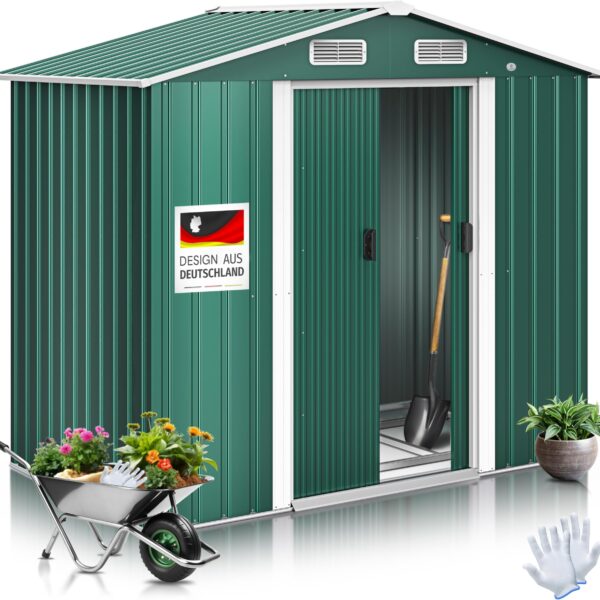 Casetta da Giardino KESSER in Metallo 3,4 m³ con Fondazione - Capanno da Giardino con 2 Porte Scorrevoli e Tetto Spiovente